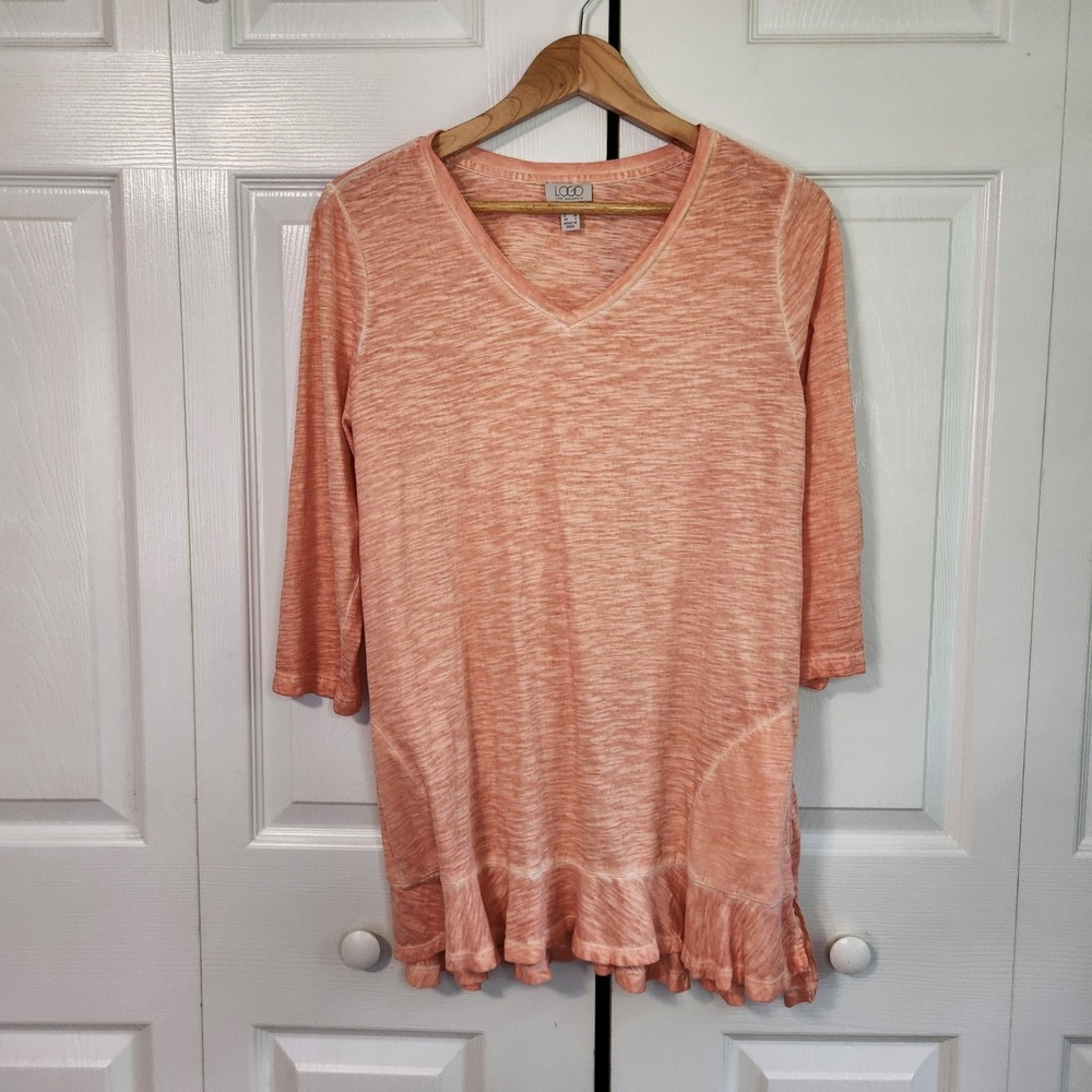 LOGO Lori Goldstein Coral Slub‎ Knit Ruffle Hem Tunic Top Pockets SM Oversized